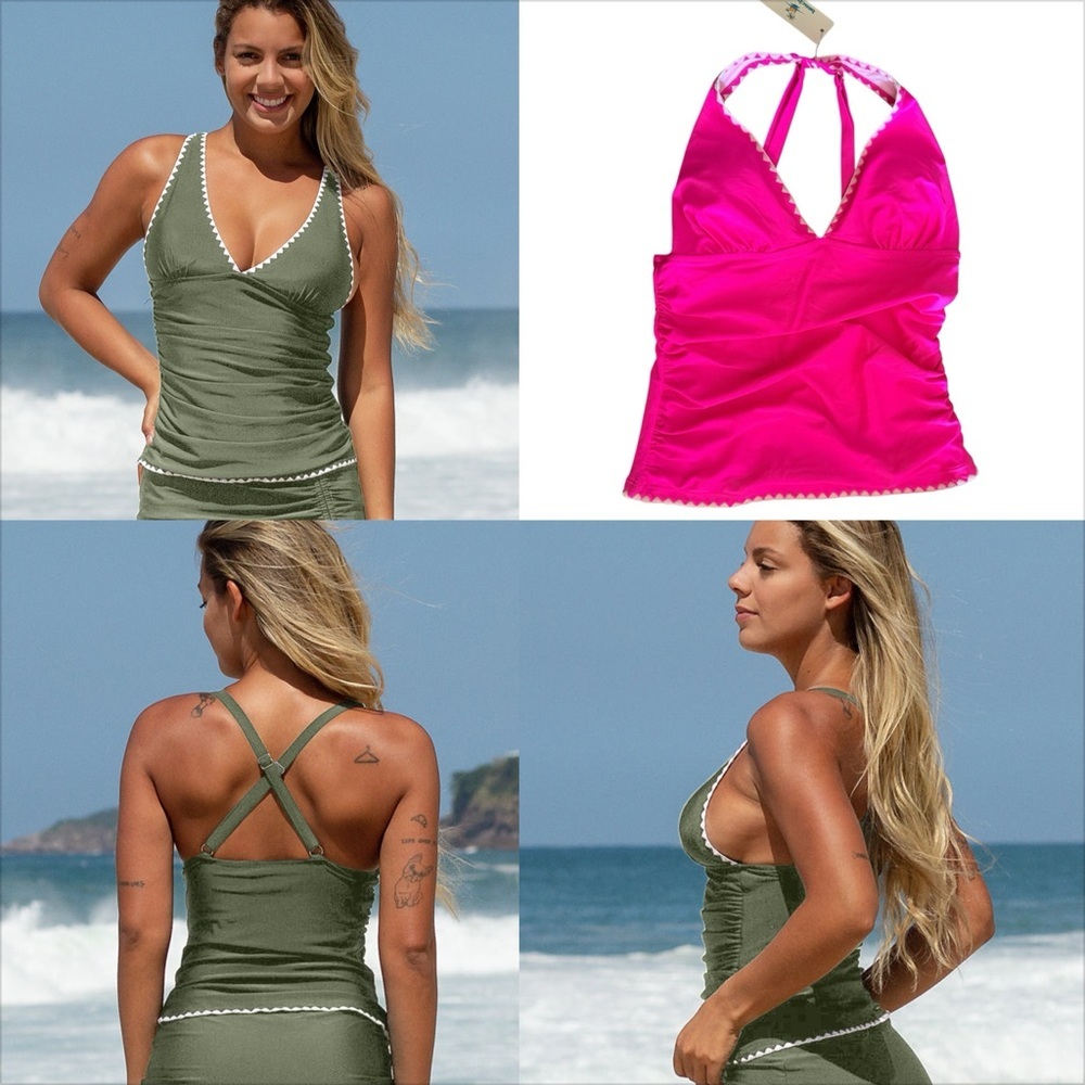 beachsissi Hot Pink/White Trim V Neck Drawstring Tankini Top Only.
Size S